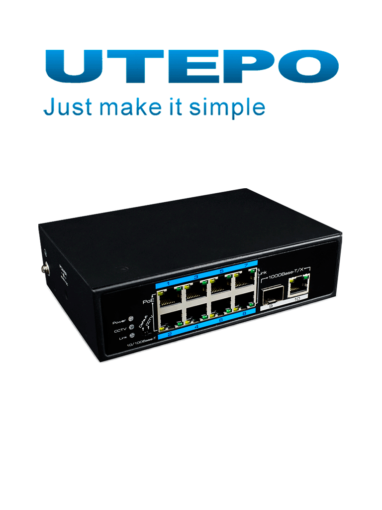 Switch industrial PoE Utepo 8 puertos